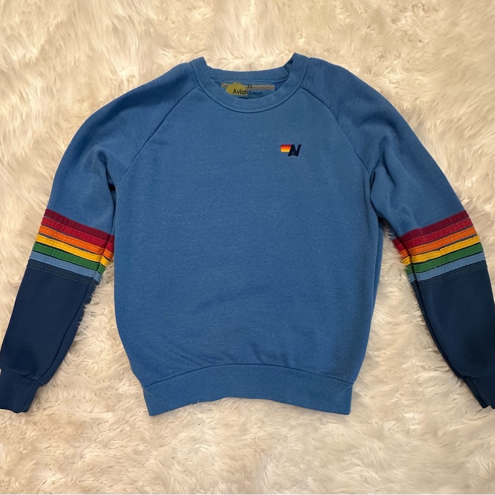 Aviator Nation Blue Crewneck with Rainbow Accents